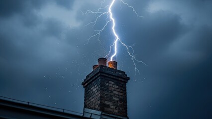 Dramatic view of lightning striking a chimney during a storm, with dark, cloudy skies