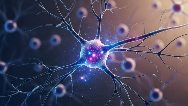 Digital rendering of a neuron cell, featuring dendrites and a glowing cell body - Powered by Adobe