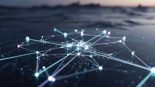 Digital network of interconnected nodes glows on water surface, ocean in background