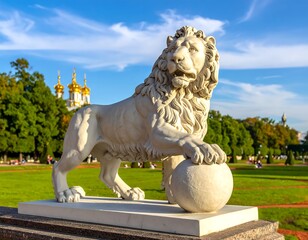 A majestic lion statue gazes forward on a verdant lawn, with gilded domes and lush trees adding a regal backdrop