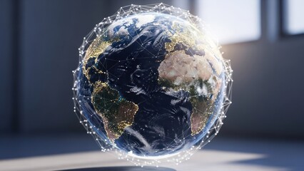 Earth globe surrounded by a network of connecting dots, bathed in sunlight