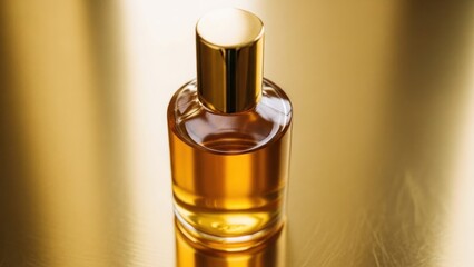 Naklejka premium Elegant, small glass perfume bottle with a gold cap, on a reflective, golden surface