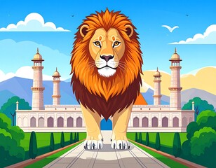 A majestic lion walks towards the viewer on a path, with a grand palace and blue sky backdrop. Green grass and symmetrical buildings surround