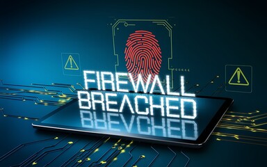 Digital Firewall Security Breach Warning with Fingerprint Scan Interface Background