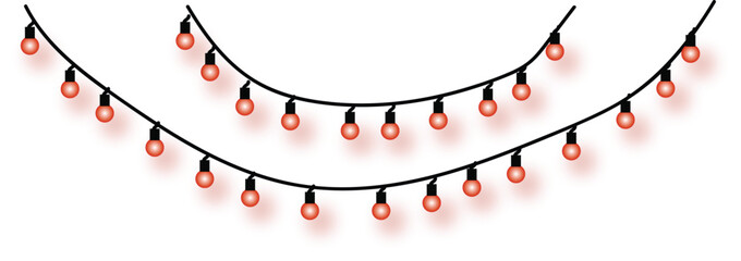 A vector illustration of two curved garlands of glowing red string lights, like little pepper bulbs for festive party decor