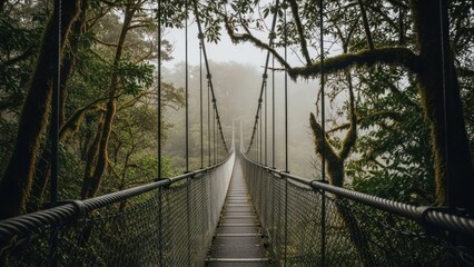 Elevated bridge stretches through misty forest, branches draped in moss