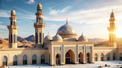 Fototapeta premium Architectural marvel of Islamic heritage stands tall amidst desert landscape with ancient prayer call echoing through the air
