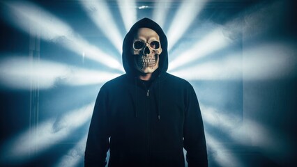 Figure in a black hoodie with a skull mask stands before a dramatic, lit backdrop