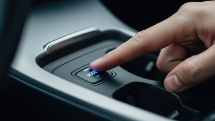 Finger presses "Mode" button on car's center console with blue light