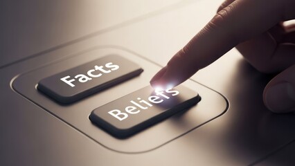 Finger presses "Beliefs" button; "Facts" button visible on a silver surface