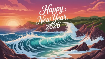 Happy new year 2026 vector image of sunset seascape with cliff rocks and waves