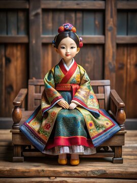 Ancient Korean clay doll with intricately painted design and colorful fabric cloak rests on a traditional wooden bench