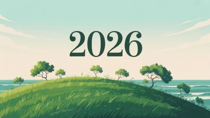 Scenic view of grassy hill with 2026 new year text against a cloudy sky