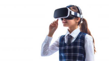 A young girl in school uniform wearing a vr headset and reaching out with her finger on black background on transparent background