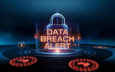 Futuristic Cybersecurity Warning Interface Displaying Data Breach Alert Background