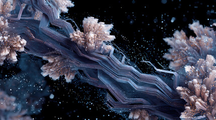 An abstract visualization where organic ice fractal patterns seamlessly blend with intricate holographic nanocircuitry, symbolizing the fusion of nature and advanced technology.