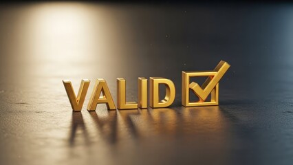 Gleaming gold "VALID" text with checkmark symbol over a dark surface