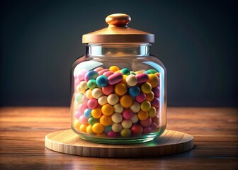 A colorful collection of multivitamin pills lined up neatly in a glass jar with a transparent lid and a decorative wooden stopper