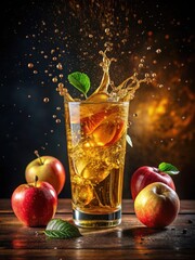 Freshly poured apple juice soda splashes with fizzy bubbles in a chilled glass