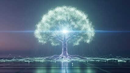 Glowing digital tree with connected roots and branches, light emanating from center