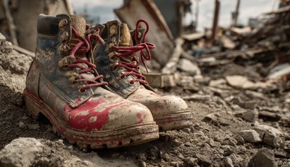 Well worn work boots in rubble