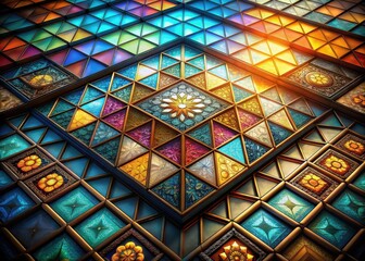 Vibrant colorful tiles adorn a stunning glass window with a kaleidoscope of hues and patterns