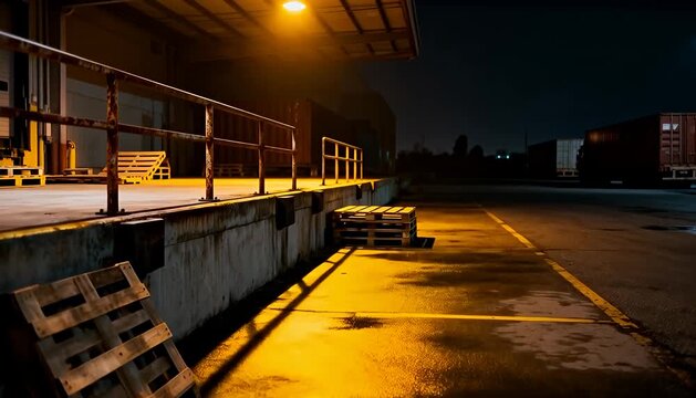 Loading dock at night with orange light and shipping containers, warehouse logistics, nighttime industry.