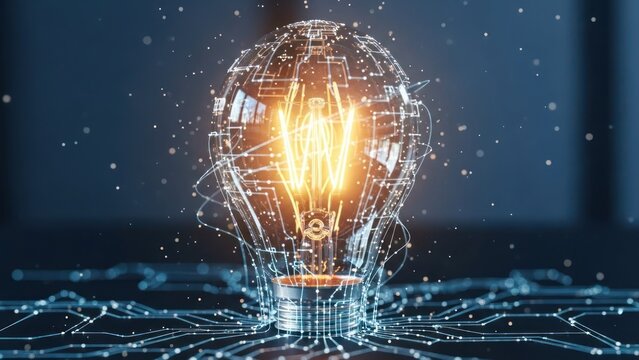 Glowing light bulb with wireframe structure, representing innovation and creativity - Powered by Adobe