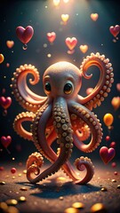 A playful octopus wraps tiny hearts around itself in joyful celebration