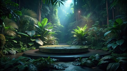 Exotic Jungle Floor Scene with Dark Stone Display Platform and Lush Greenery