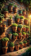 A charming display of terracotta pots and fresh herbs greets the eye in this rustic garden wall feature