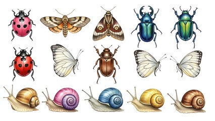 Collection of various insect and snail illustrations isolated on white background