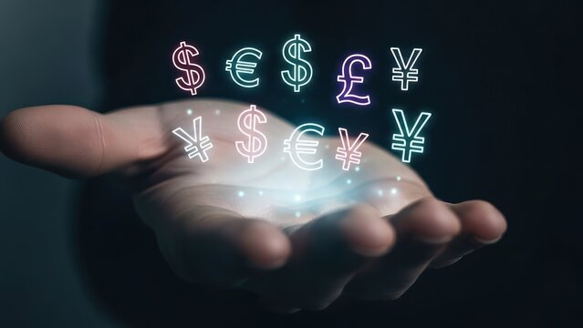 Hand cradles glowing currency symbols, representing global financial concepts