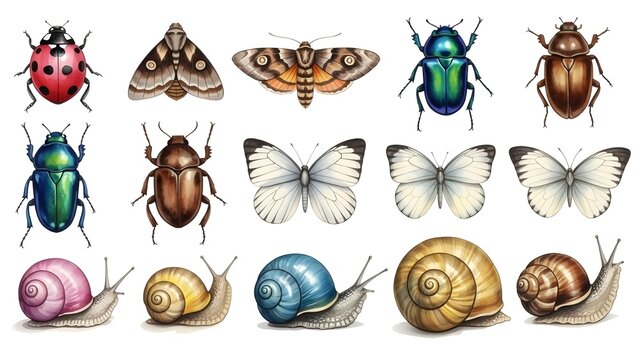 Collection of various colorful insect and snail illustrations isolated on white background