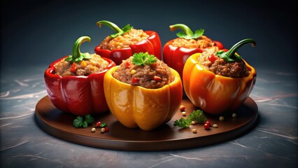 Vibrant bell peppers stuffed with savory minced meat, baked to perfection in a golden brown crust