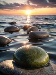 Serene ocean waves gently caress delicate, rounded rocks suspended in midair at sunset
