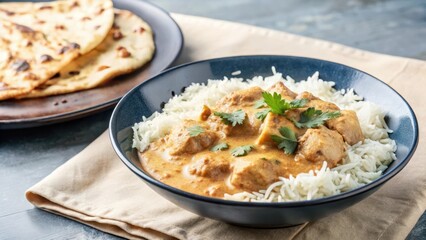 Rich and creamy chicken korma in a shallow bowl with basmati rice and naan bread