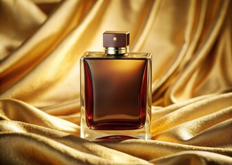 A luxurious, rectangular perfume bottle in a rich, brownred hue sits elegantly against a bold, crimson backdrop