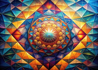 Vibrant Geometric Artistry Unfolds in a Sunlit Oasis, Where Triangles and Circles Create a Kaleidoscope of Color and Light