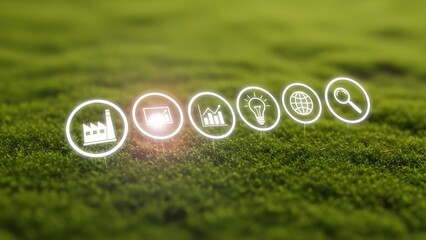 Glowing business icons floating above a lush green mossy surface