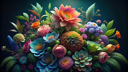 A vibrant bouquet of colorful flowers and lush greenery in a whimsical arrangement