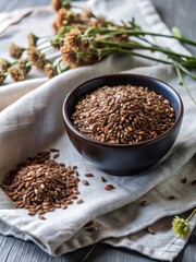 Nourishing Delicacy Fresh Organic Flax Seeds and Dried Flowers Add Crunch to Your Meal on a Cozy Cotton Napkin