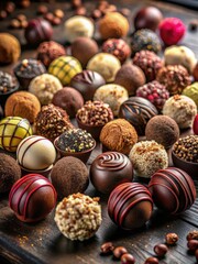 A rich assortment of decadent chocolate truffles in various flavors, crafted with precision and care to tantalize the taste buds