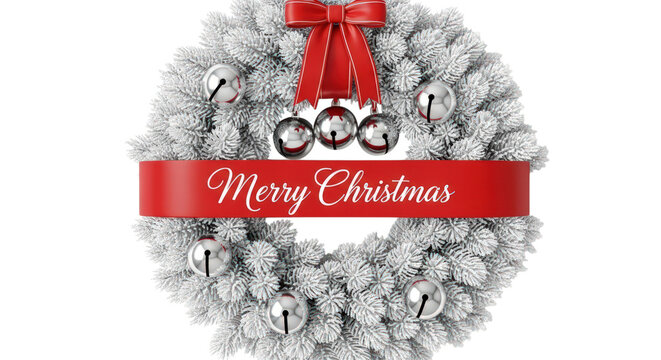 Joyful Christmas wreath with silver bells and red ribbon ornament decor - Powered by Adobe