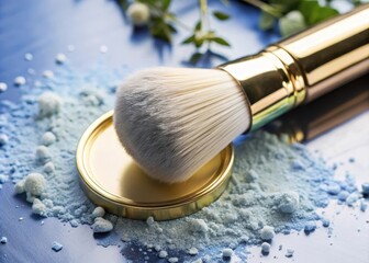 Delicate details of a highquality makeup brush rest against a dark powder compact, revealing an intricate dance of textures and tones