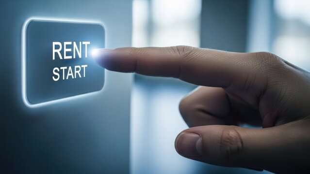 Hand presses a glowing button labeled "RENT START" on a dark panel