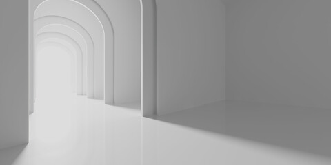 Fototapeta premium Serene abstract white arched hallway with minimalist design for modern interiors and architectural inspiration. 3d render