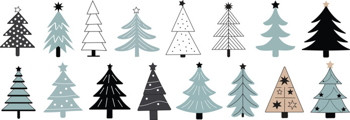 Fototapeta premium Christmas winter collection with trees , different seasonal design, doodle shapes . Modern cartoon style pattern. Vector illustration