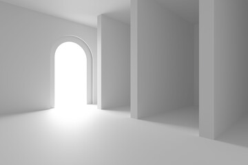 Fototapeta premium Minimalist architectural interior with sunlit archway and modern columns for contemporary design inspiration. 3d render