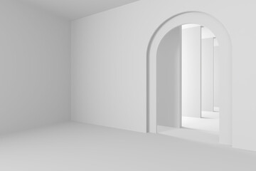 Minimalist abstract interior with arched doorway and white walls design for modern architecture .3d render